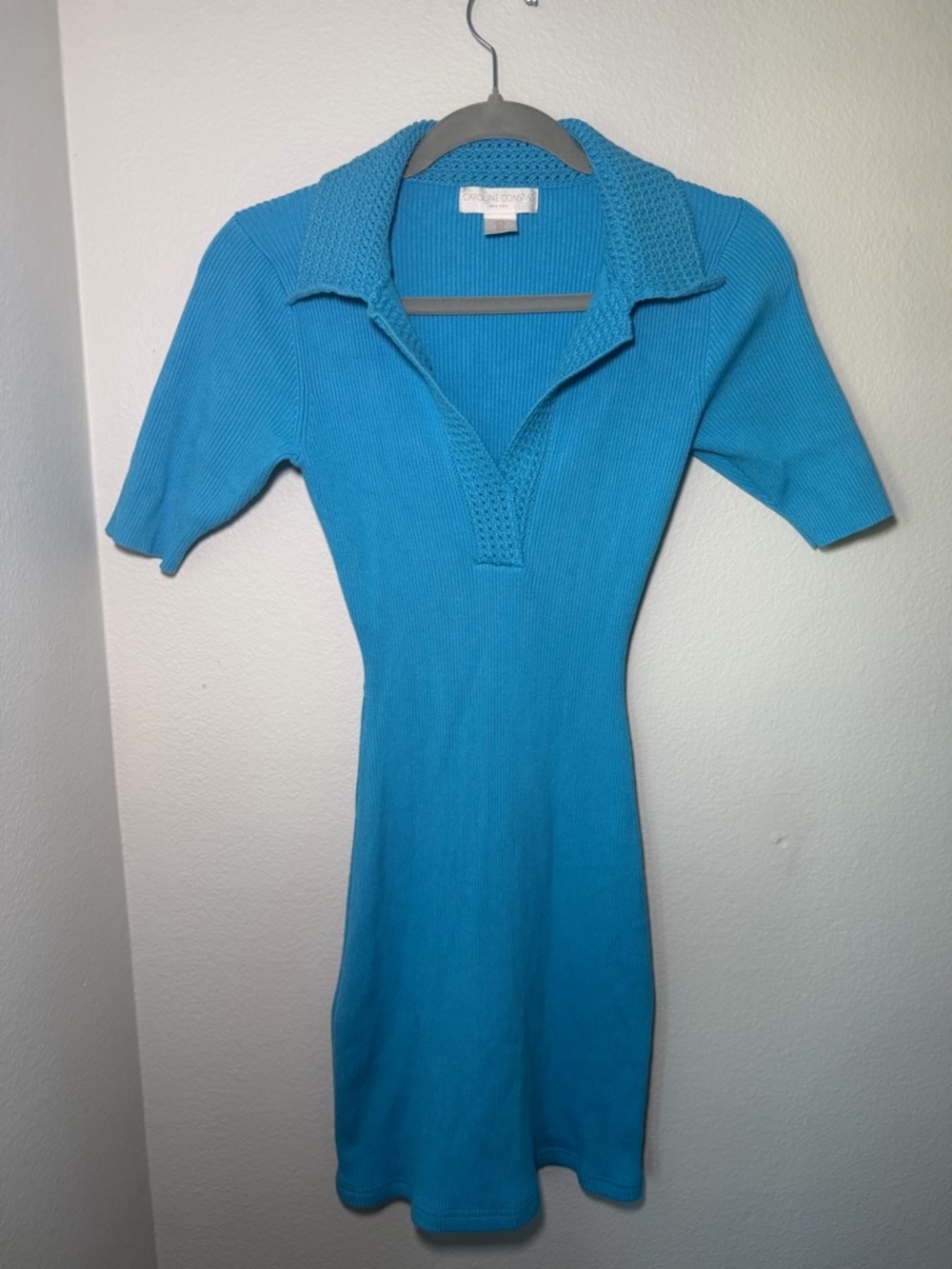 Revolve Caroline Constas Blue Ribbed Bodycon Crochet Polo Derby Dress Sz S